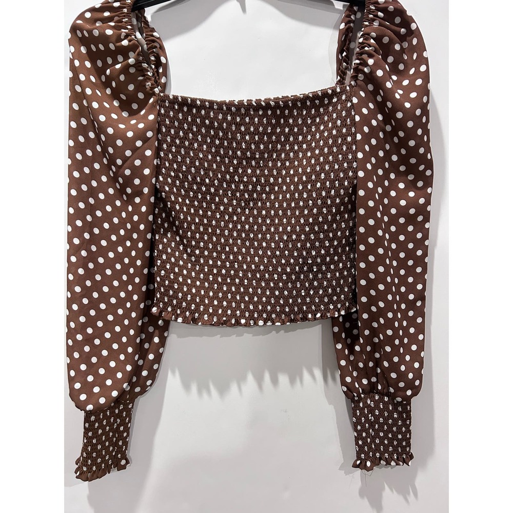 Gianni Bini Brown White Polka Dot Fitted Smocked Bodice Crop Top New XS Retro